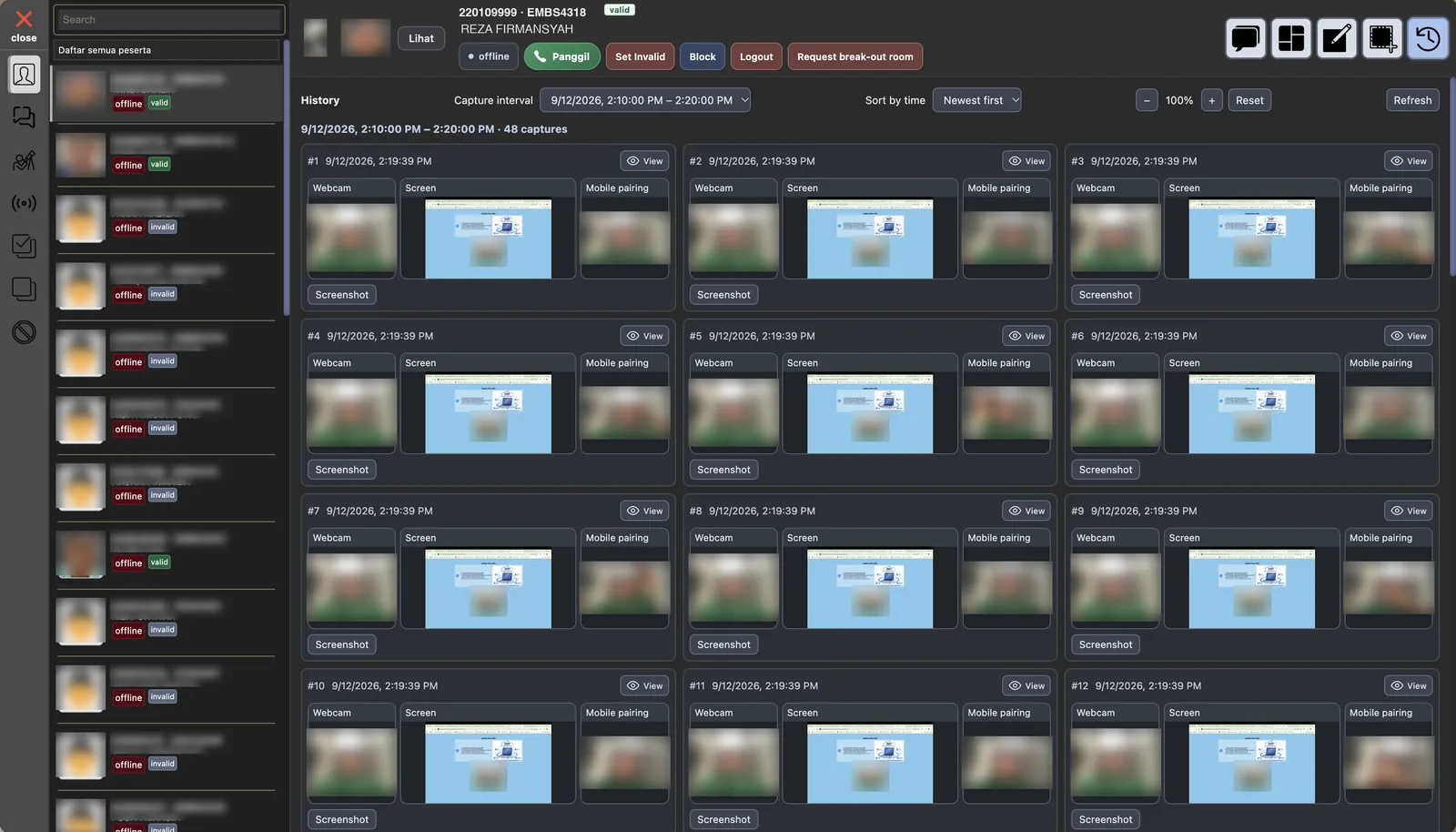 Capture history of one participant: webcam, screen, and mobile pairing snapshots taken during the exam.