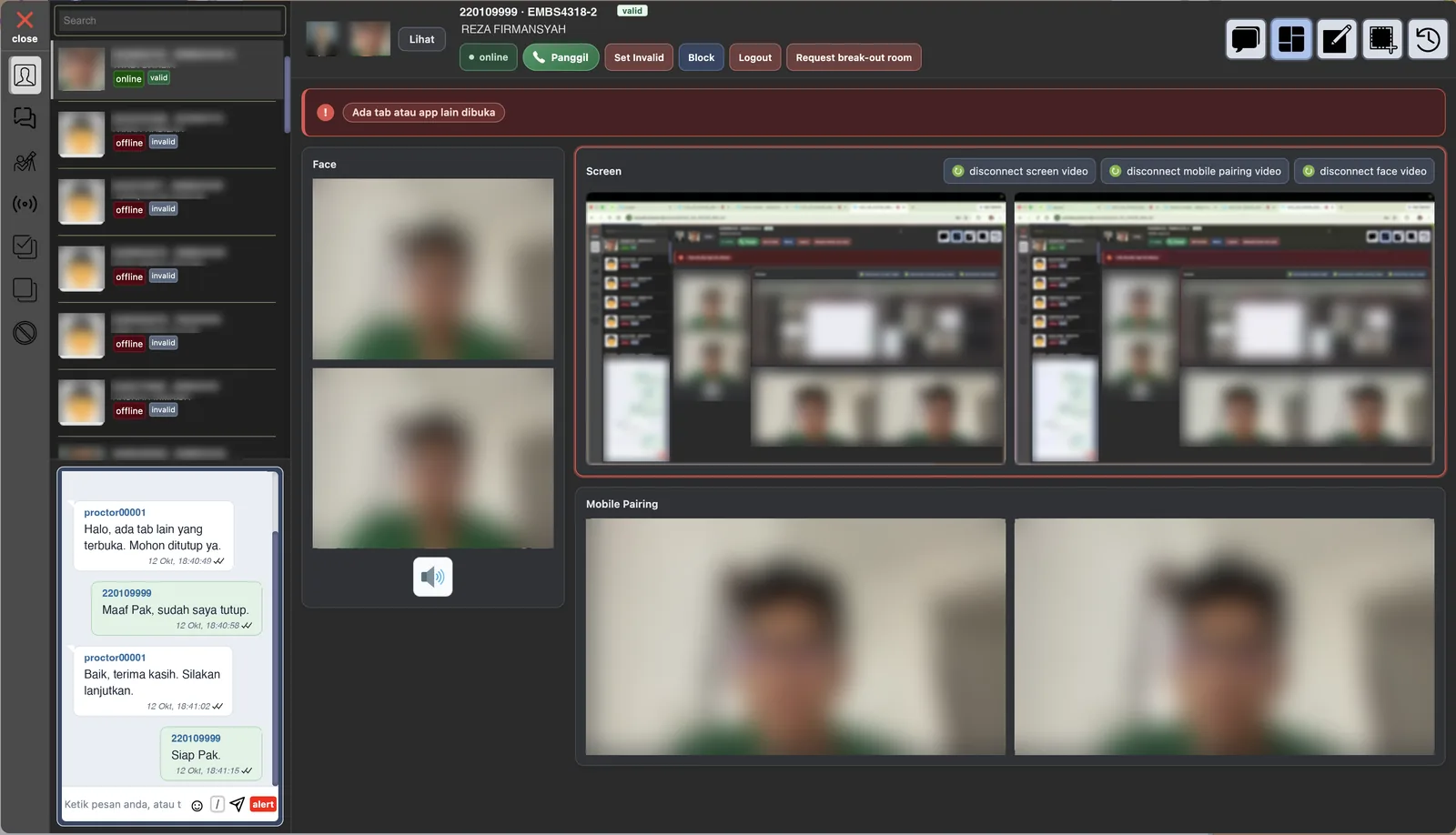 Live stream of one participant: two face camera feeds, two screen captures, and two mobile pairing camera feeds, with an AI alert and chat.